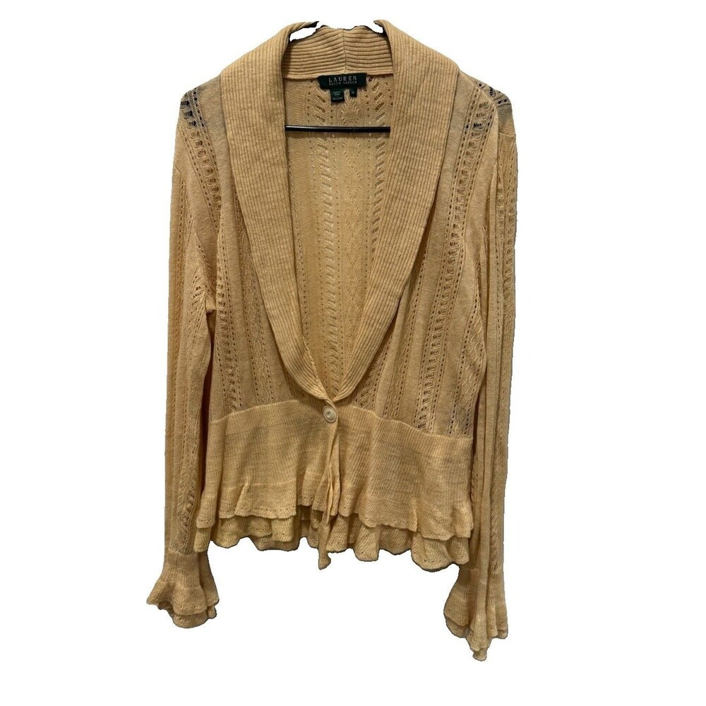 Ralph Lauren Tan Crochet Linen Cardigan Women’s Size XL Ruffle Hem Fairy - Picture 2 of 10